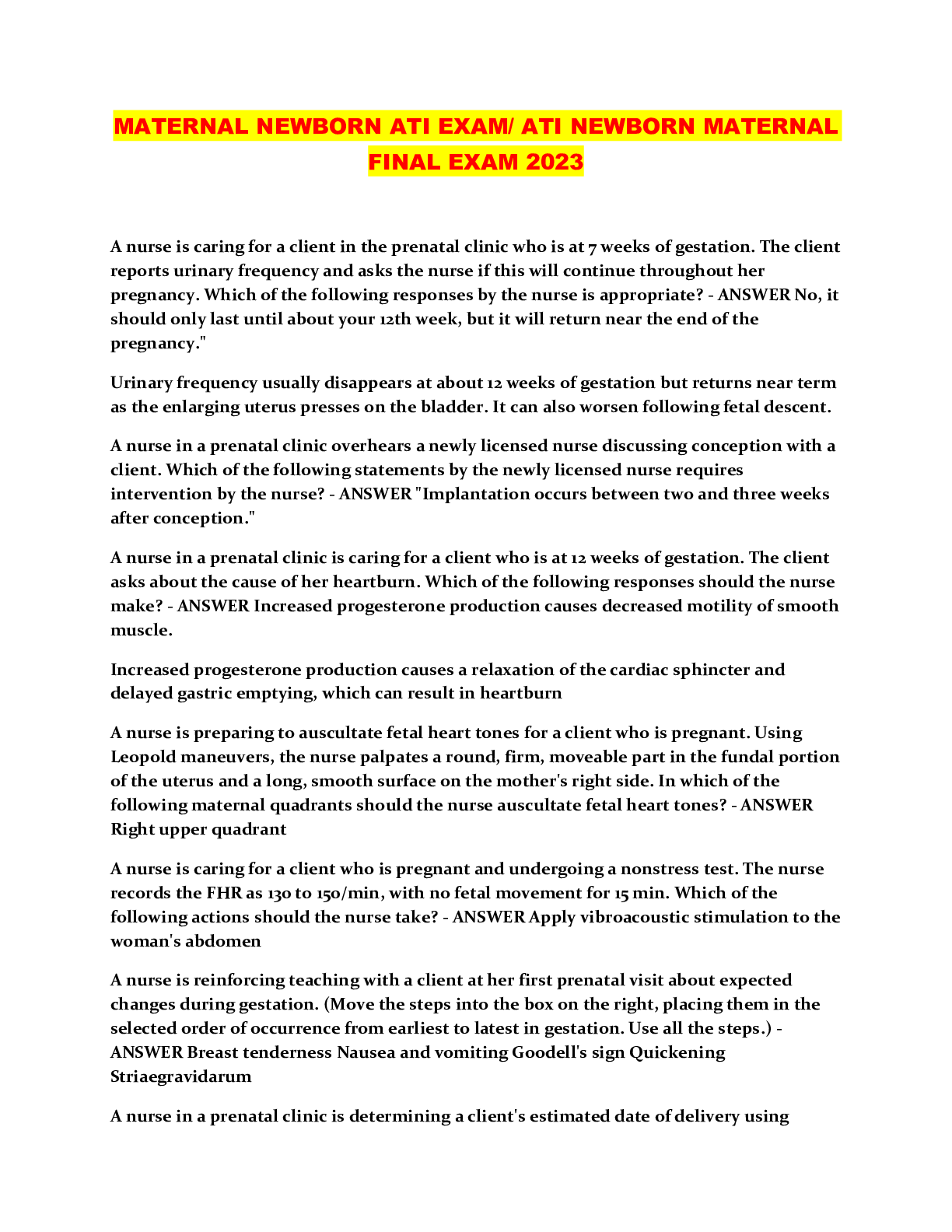 Preview image for MATERNAL NEWBORN ATI EXAM/ ATI NEWBORN MATERNAL FINAL EXAM 2023